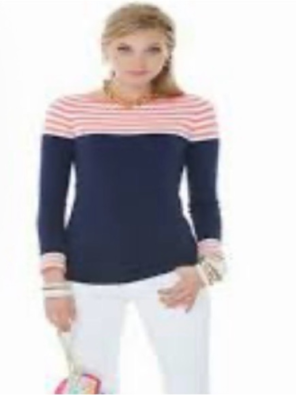 Lilly Pulitzer Maria Boatneck Navy and Coral Striped Sweater Size Medium